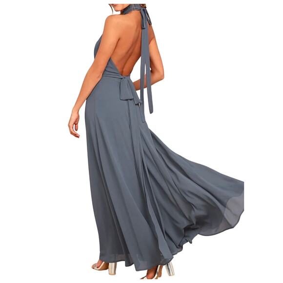 Lulus First Comes Love Denim Blue Backless Keyhole Cutout Maxi Dress Size M - Picture 2 of 11